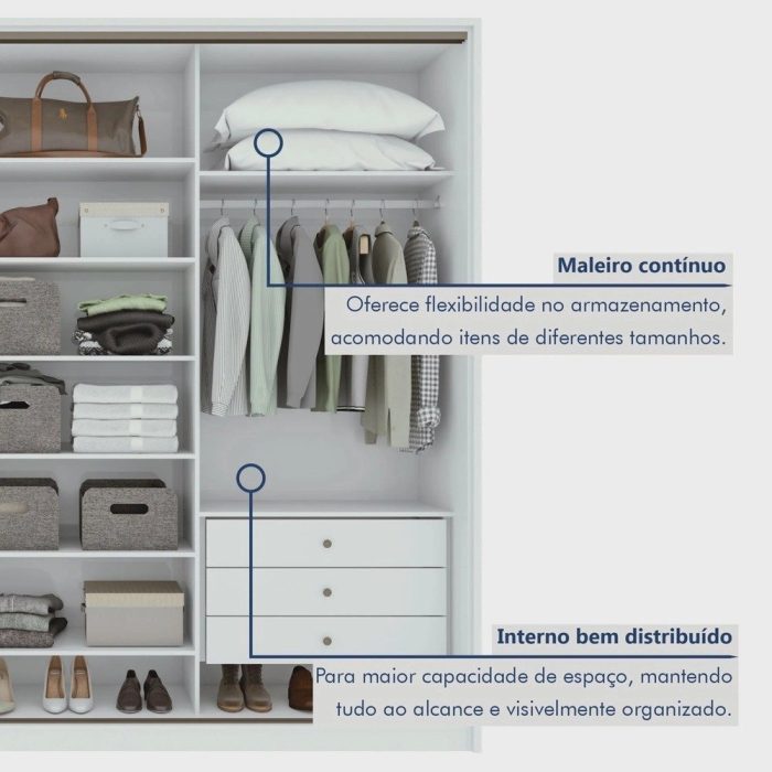 Guarda Roupa Casal com Espelho 3 Portas de Correr 6 Gavetas Spazio Glass Espresso Móveis Branco - Imagem 6