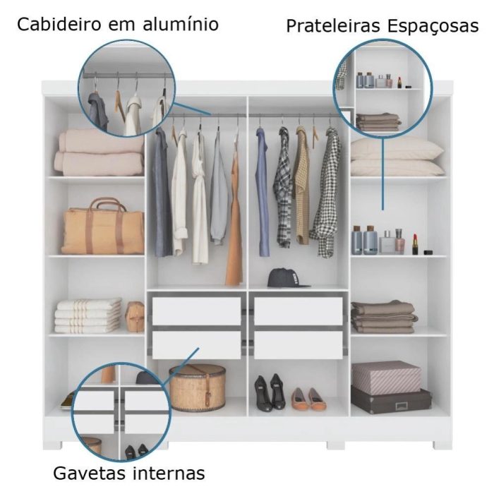 Guarda Roupas Casal 8 Portas 4 Gavetas Diplomata Moval Branco - Imagem 4