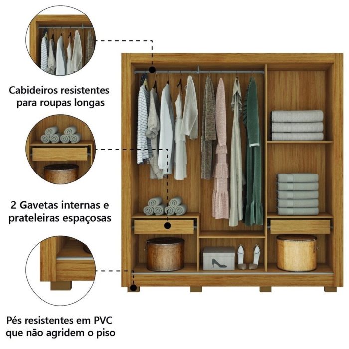 Guarda Roupas Casal com Espelho 3 Portas de Correr 2 Gavetas Vitória Buriti / Fendi Caemmum - Imagem 4
