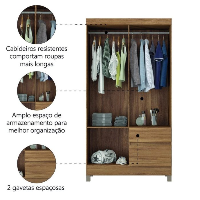 Guarda Roupas Solteiro 4 Portas 2 Gavetas Amêndoa Lótus Demóbile - Imagem 4