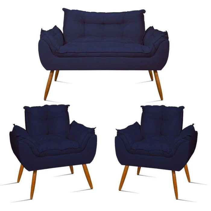 Kit Namoradeira Opala + 2 Poltronas Para Sala Balaqui Decor Cor azul Marinho - Imagem 1