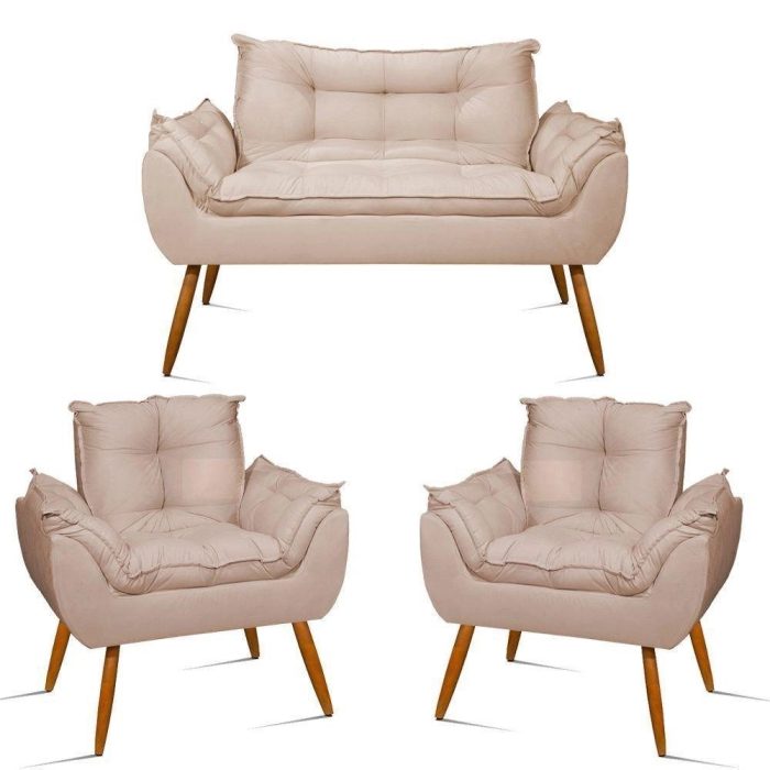 Kit Namoradeira Opala + 2 Poltronas Para Sala Balaqui Decor Cor bege - Imagem 1