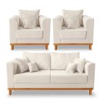 Kit Sofá 3 Lugares e 2 Poltronas Beny Viena Com Almofadas Decorativa Linho Bege – Madeira Prima Deccor