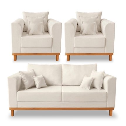 Kit Sofá 3 Lugares e 2 Poltronas Beny Viena Com Almofadas Decorativa Linho Bege – Madeira Prima Deccor