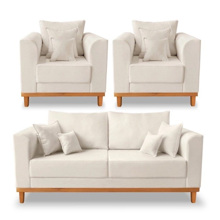 Kit Sofá 3 Lugares e 2 Poltronas Beny Viena Com Almofadas Decorativa Linho Bege – Madeira Prima Deccor - Imagem 1