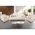 Kit Sofá 3 Lugares e 2 Poltronas Beny Viena Com Almofadas Decorativa Linho Bege – Madeira Prima Deccor - Imagem 2