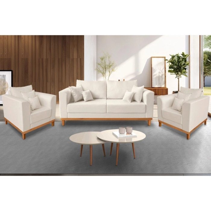 Kit Sofá 3 Lugares e 2 Poltronas Beny Viena Com Almofadas Decorativa Linho Bege – Madeira Prima Deccor - Imagem 2