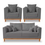 Kit Sofá 3 Lugares e 2 Poltronas Beny Viena Com Almofadas Decorativa Linho Grafite – Madeira Prima Deccor