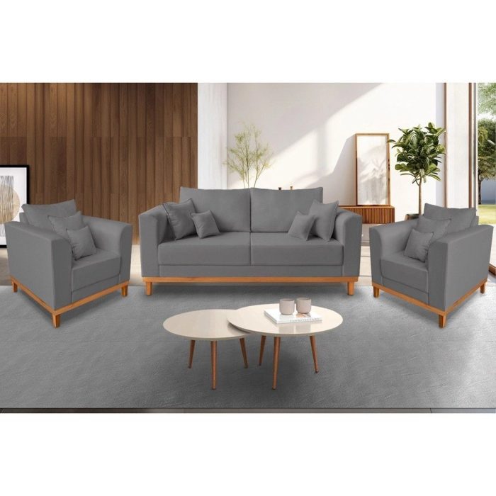 Kit Sofá 3 Lugares e 2 Poltronas Beny Viena Com Almofadas Decorativa Linho Grafite – Madeira Prima Deccor - Imagem 2