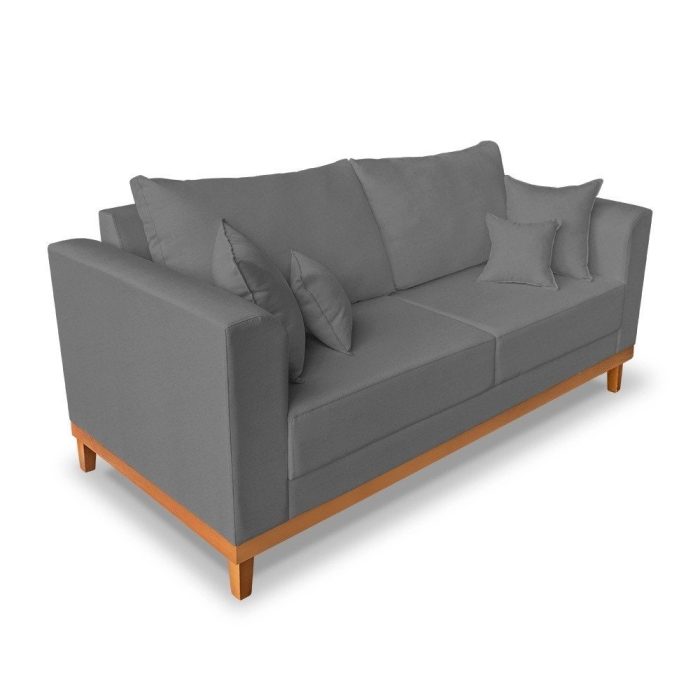 Kit Sofá 3 Lugares e 2 Poltronas Beny Viena Com Almofadas Decorativa Linho Grafite – Madeira Prima Deccor - Imagem 3