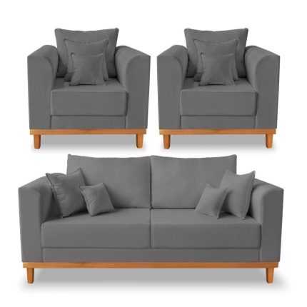 Kit Sofá 3 Lugares e 2 Poltronas Beny Viena Com Almofadas Decorativa Linho Grafite – Madeira Prima Deccor
