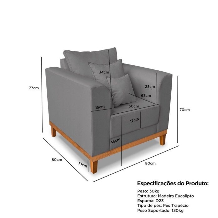 Kit Sofá 3 Lugares e 2 Poltronas Beny Viena Com Almofadas Decorativa Linho Grafite – Madeira Prima Deccor - Imagem 6