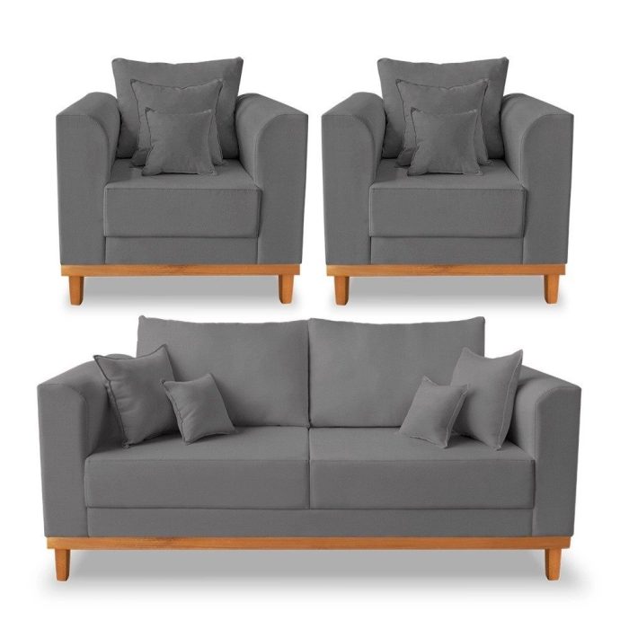 Kit Sofá 3 Lugares e 2 Poltronas Beny Viena Com Almofadas Decorativa Linho Grafite – Madeira Prima Deccor - Imagem 1