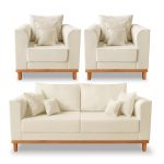 Kit Sofá 3 Lugares e 2 Poltronas Beny Viena Com Base de Madeira Suede Bege – Madeira Prima Deccor