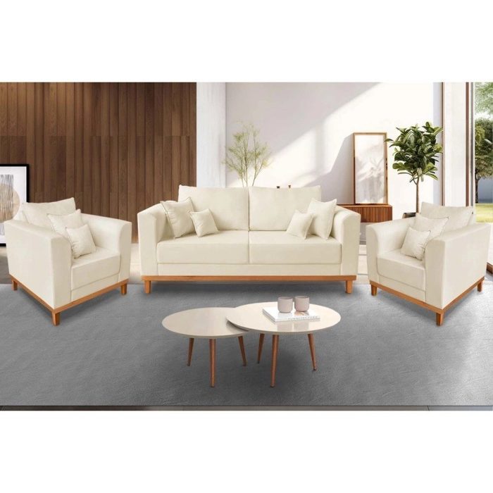 Kit Sofá 3 Lugares e 2 Poltronas Beny Viena Com Base de Madeira Suede Bege – Madeira Prima Deccor - Imagem 2