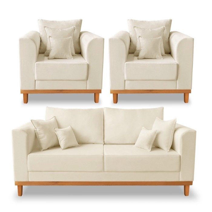 Kit Sofá 3 Lugares e 2 Poltronas Beny Viena Com Base de Madeira Suede Bege – Madeira Prima Deccor - Imagem 1