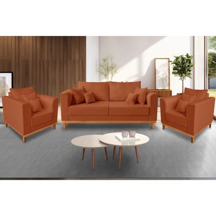 Kit Sofá 3 Lugares e 2 Poltronas Beny Viena Para Escritório Suede Terracota – Madeira Prima Deccor - Imagem 2