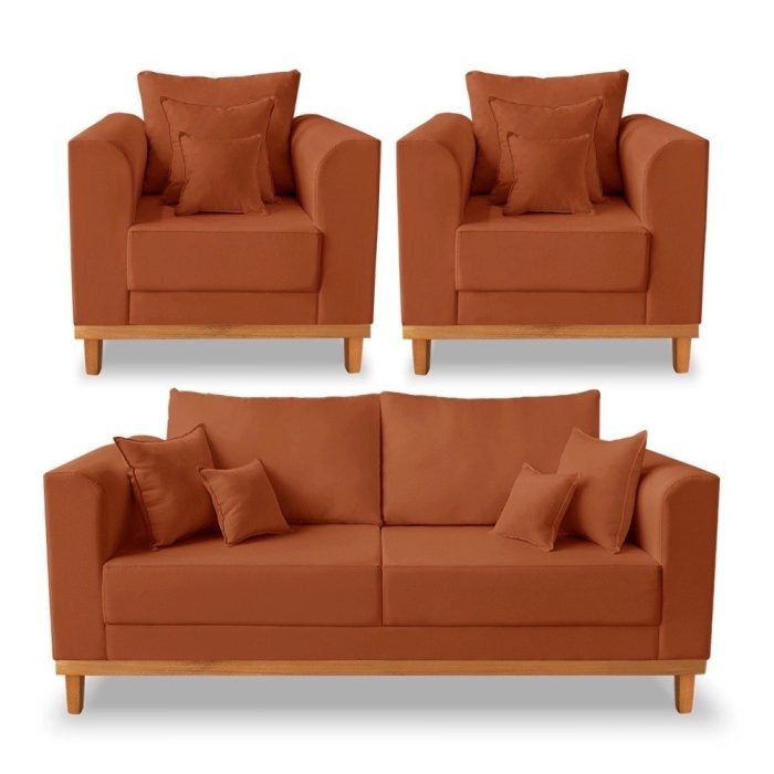 Kit Sofá 3 Lugares e 2 Poltronas Beny Viena Para Escritório Suede Terracota – Madeira Prima Deccor - Imagem 1