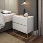 Mesa Cabeceira Eros 2 Gavetas estilo Industrial Branco com Pés Dourado