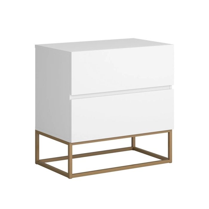 Mesa Cabeceira Eros 2 Gavetas estilo Industrial Branco com Pés Dourado - Imagem 2