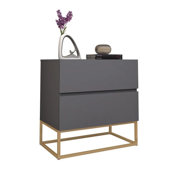 Mesa Cabeceira Eros 2 Gavetas estilo Industrial Cinza com Pés Dourado - Imagem 2