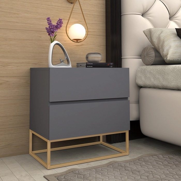 Mesa Cabeceira Eros 2 Gavetas estilo Industrial Cinza com Pés Dourado - Imagem 1