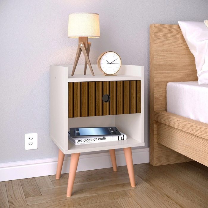Mesa De Cabeceira Retrô Mesinha Decore Quarto Gaveta e Nicho – Off White  Ripado Nature -Lojas rpm - Imagem 1