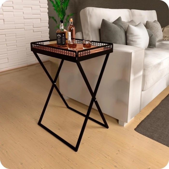 Mesa De Canto Para Sala Dobrável Com Bandeja Preto Fosco - Imagem 2