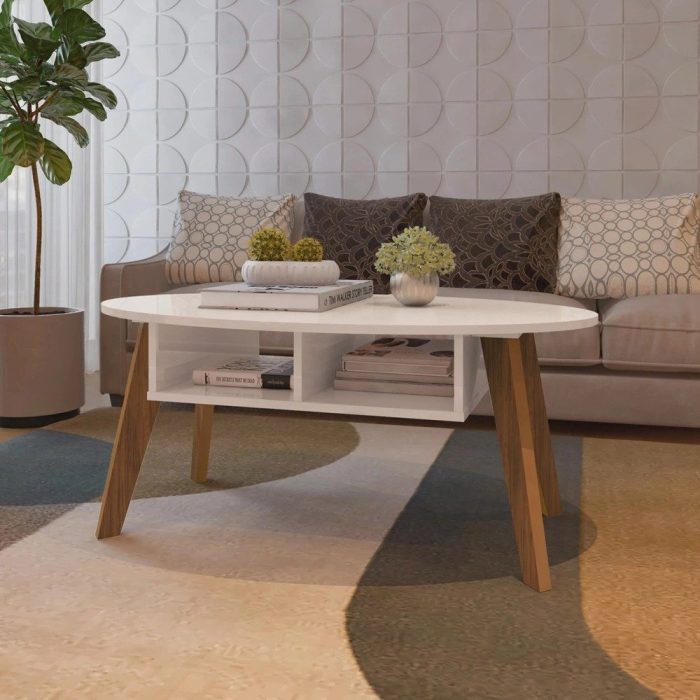 Mesa De Centro Com 2 Nichos Artely Diva Cor Off White Com Cedro - Imagem 1