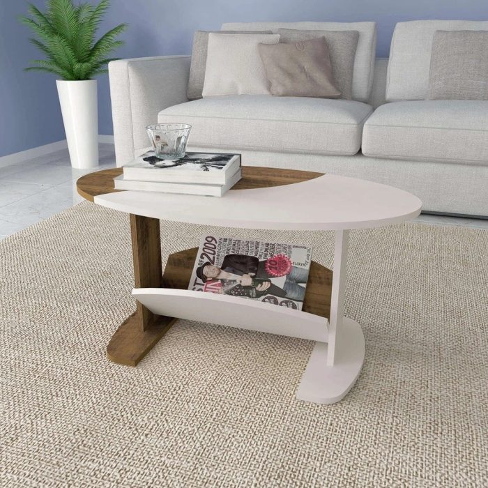 Mesa De Centro Oval Com Nicho Artely Ísis Cor Pinho com Off White - Imagem 1