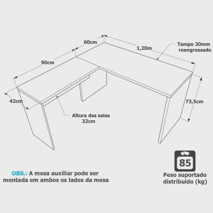 Mesa De Escritório em L 120x150cm Tampo 30mm - Imagem 3