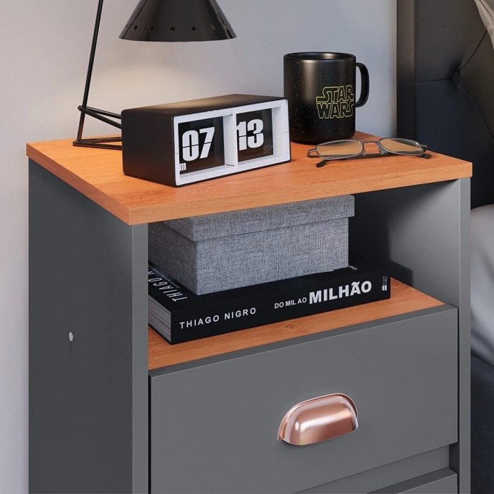 Mesa de Cabeceira Pequena Mesinha Com Gavetas Moderna Nicho Organizador Retrô Canto Quarto Classic New – Cinza/Cinamomo – rpm - Imagem 3