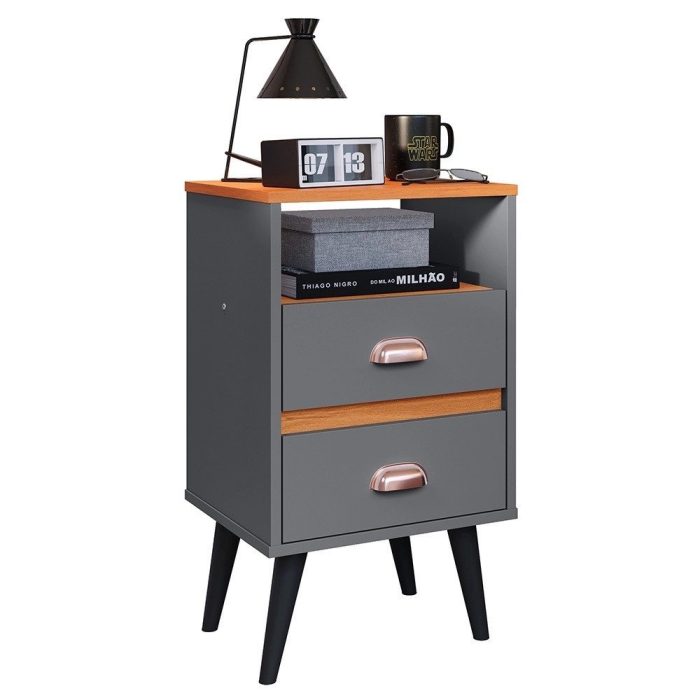 Mesa de Cabeceira Pequena Mesinha Com Gavetas Moderna Nicho Organizador Retrô Canto Quarto Classic New – Cinza/Cinamomo – rpm - Imagem 1