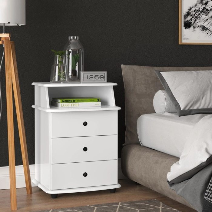 Mesa de Cabeceira Quarto Luxo 3 Gavetas Branco - Imagem 1