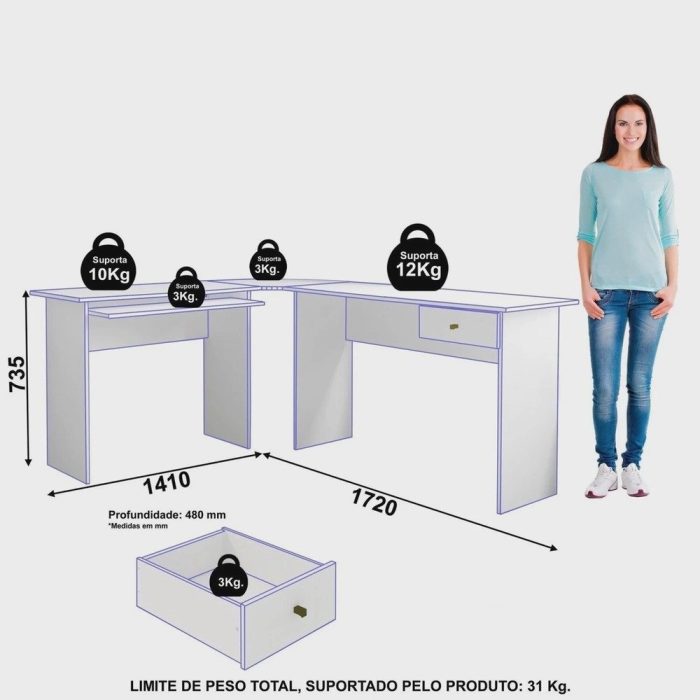 Mesa para Escritório em L 1 Gaveta Max - Imagem 3