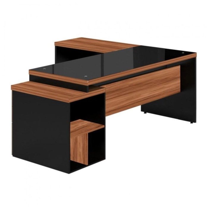 Mesa para Escritório em L com vidro fumê – 1,92X1,60M – work start – nogal sevilhapreto – 21407 - Imagem 1