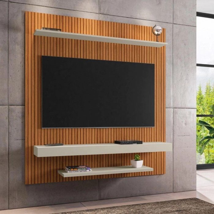Painel Leme Tv Até 60 Polegadas Pintura Ripado Bechara Off White Com Natural - Imagem 2