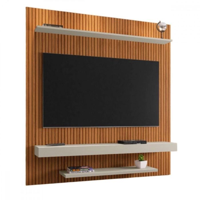 Painel Leme Tv Até 60 Polegadas Pintura Ripado Bechara Off White Com Natural - Imagem 1