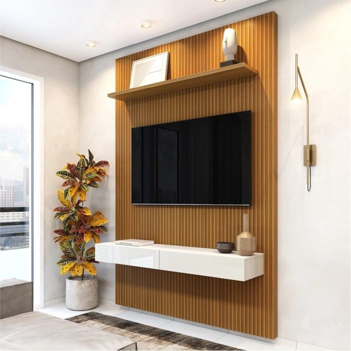 Painel Para Tv Até 55 Polegadas Ripado Impressão 3D Egeo Com Nicho 1,35m Cedro Off White edn - Imagem 1