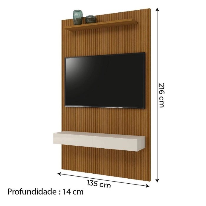 Painel Para Tv Até 55 Polegadas Ripado Impressão 3D Egeo Com Nicho 1,35m Cedro Off White edn - Imagem 3