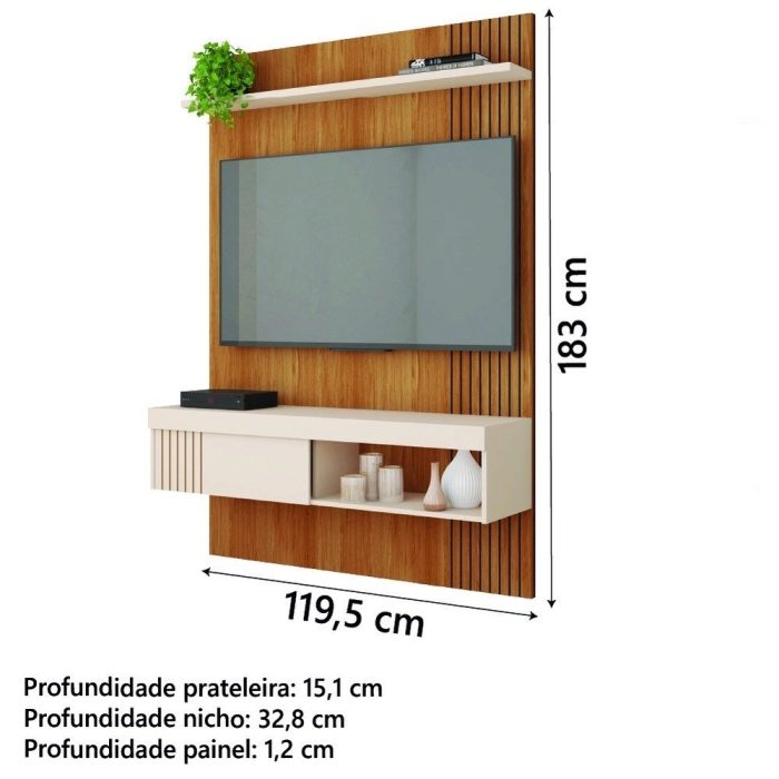 Painel Ripado Para TV Até 45 Polegadas Com Prateleira e Nicho Manu MadeiradoOff White Caemmun - Imagem 3