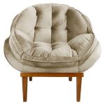 Poltrona Decorativa Veludo Base Madeira Castanho Bege - Imagem 2