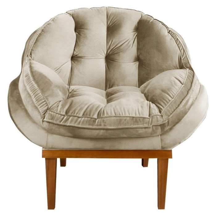 Poltrona Decorativa Veludo Base Madeira Castanho Bege - Imagem 2