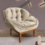 Poltrona Decorativa Veludo Base Madeira Castanho Bege - Imagem 4