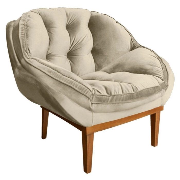 Poltrona Decorativa Veludo Base Madeira Castanho Bege - Imagem 1