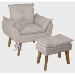 Poltrona/Cadeira Decorativa E Puff Glamour Bege Com Pés Quadrado – Bege