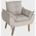 Poltrona/Cadeira Decorativa E Puff Glamour Bege Com Pés Quadrado – Bege - Imagem 2