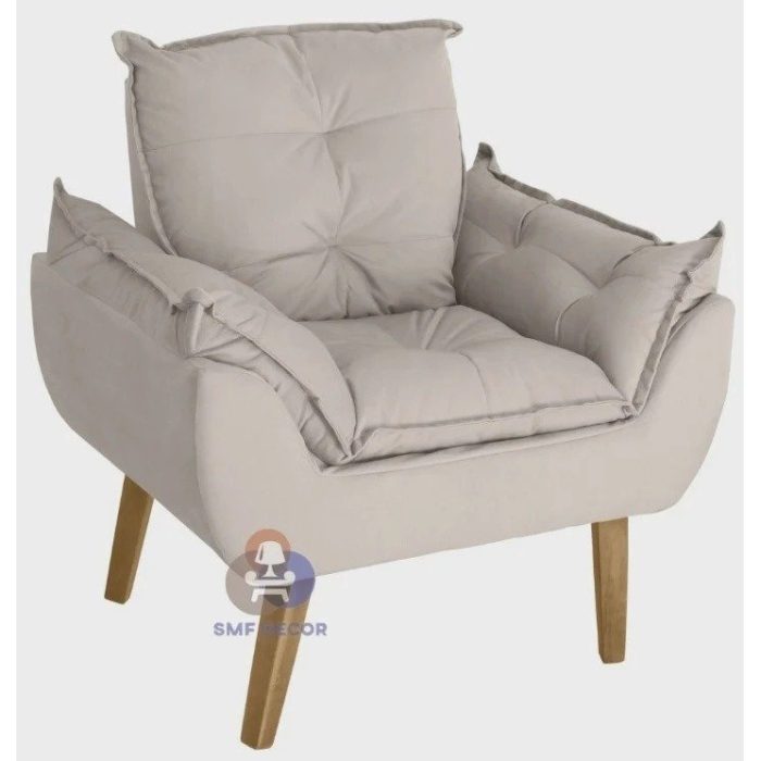 Poltrona/Cadeira Decorativa E Puff Glamour Bege Com Pés Quadrado – Bege - Imagem 2
