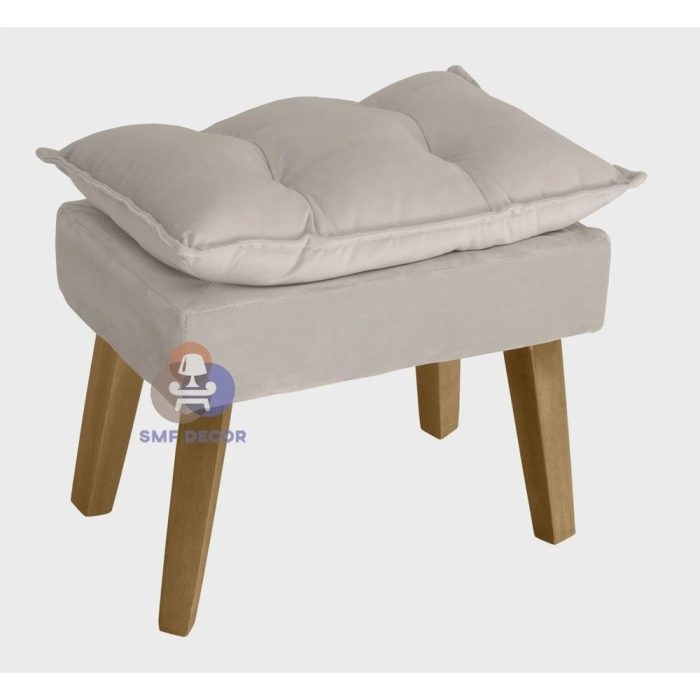 Poltrona/Cadeira Decorativa E Puff Glamour Bege Com Pés Quadrado – Bege - Imagem 3