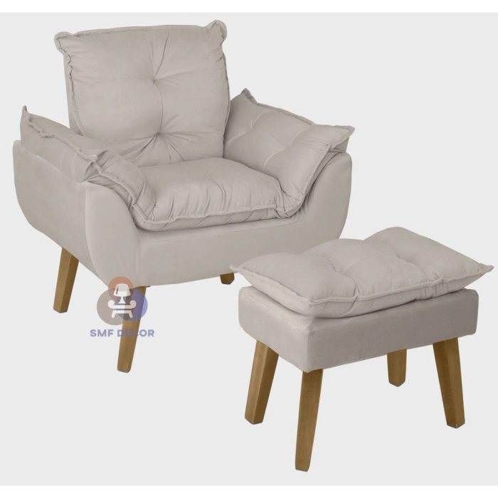 Poltrona/Cadeira Decorativa E Puff Glamour Bege Com Pés Quadrado – Bege - Imagem 1
